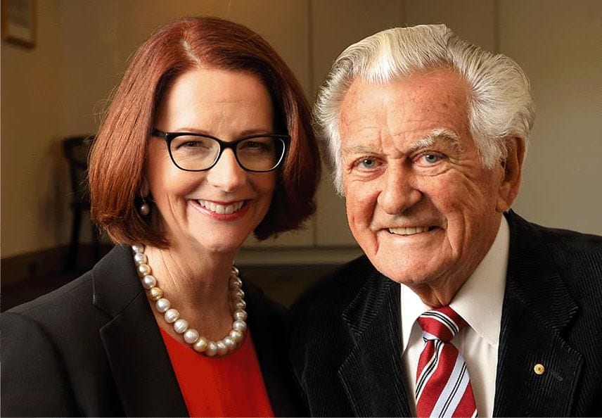 Prime Ministers Julia Gillard and Bob Hawke