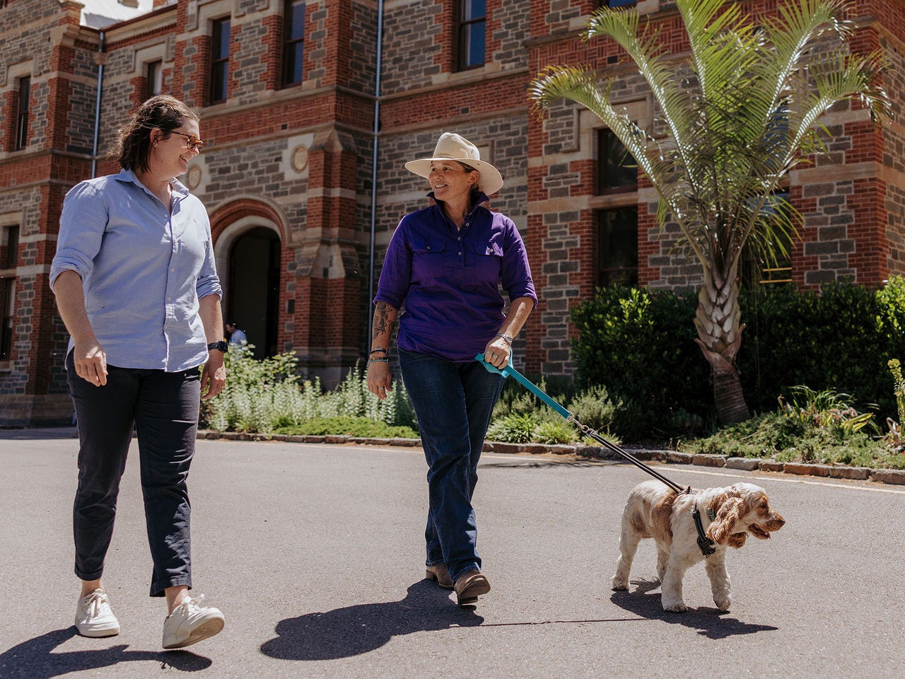 Mandi Carr walking her dog at Roseworthy campus