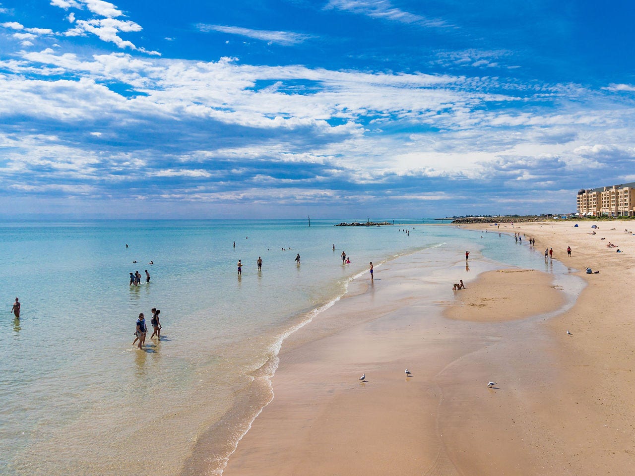 People relaxing at Glenelg beach on a sunny day