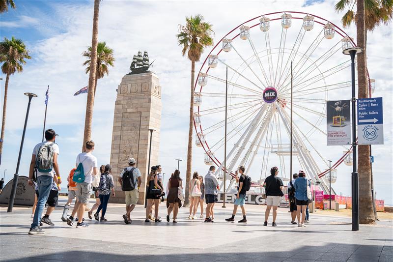 Students walking at the Glenelg beach foreshore