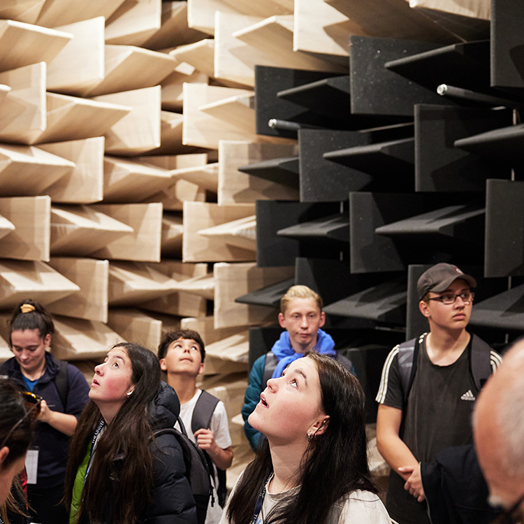 Students admiring anechoic chamber